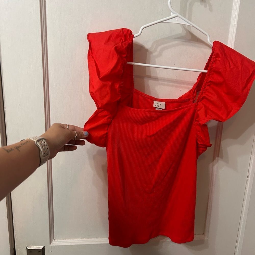 a new day Bright Red Blouse with Ruffled Sleeves